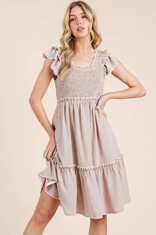 Ruffle Trim Smocked Dress with Contrast in Taupe - product view 4