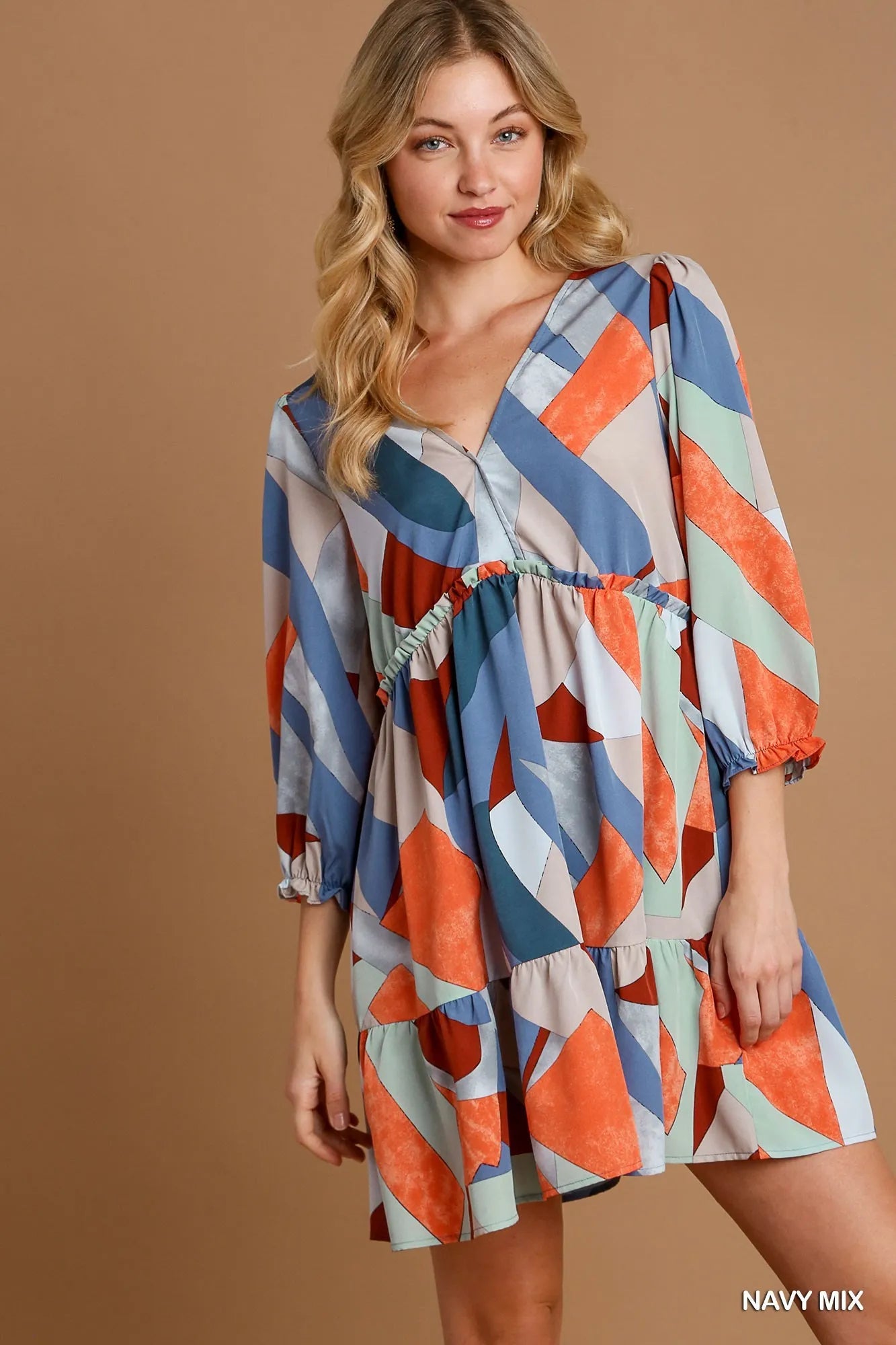 Abstract V-Neck Tiered Printed Dress - Navy Mix - product view 1
