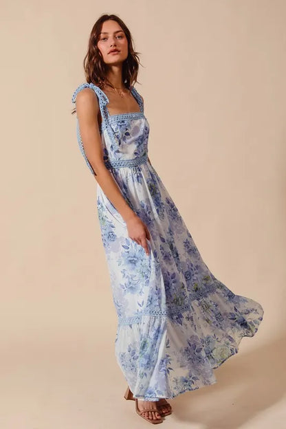 Floral Print Flowy Maxi Dress with Lace Ribbon Tie in Off White/Blue - product view 2