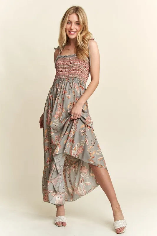 Smocked Printed Square Neck Tie Shoulder Cami Dress - Sage - product view 1