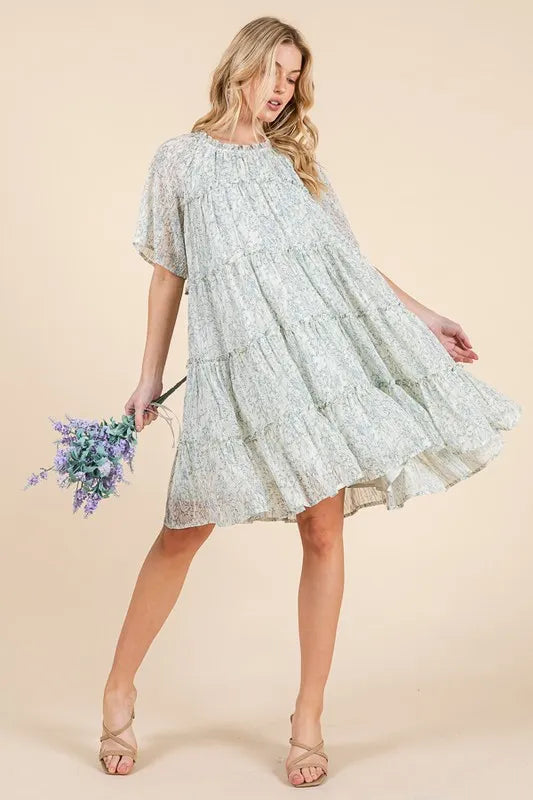 Ditsy Floral Print Sheer Ruffle Detail Mini Dress in Ivory Combo - product view 1