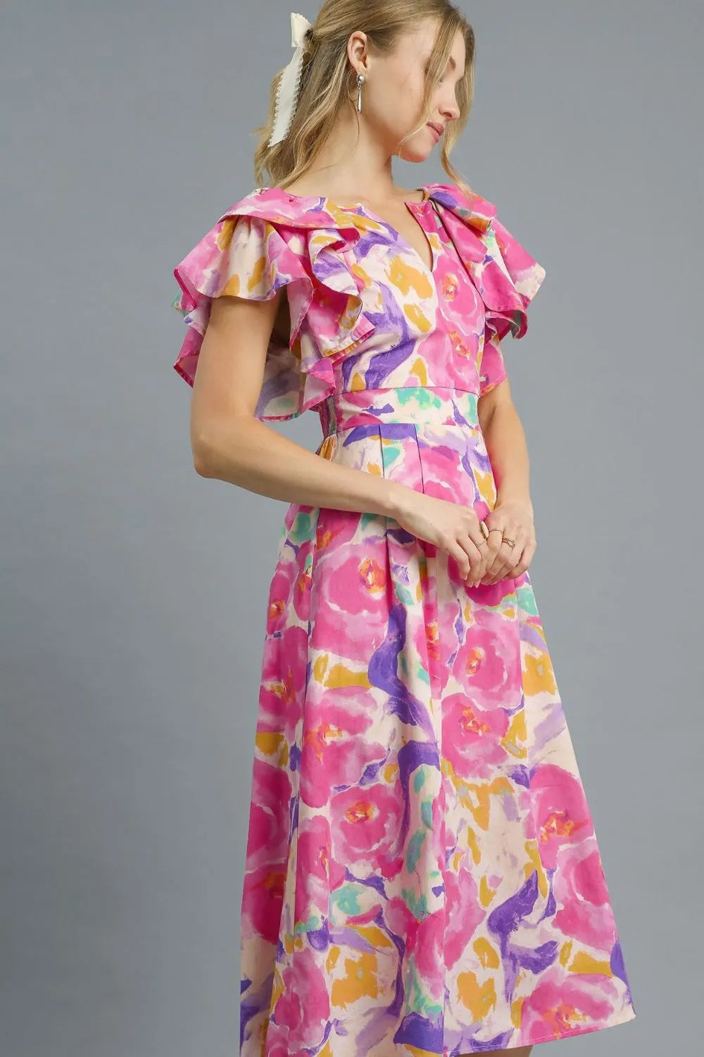 Floral Ruffled Cap Sleeve Midi Dress in Hot Pink - product view 2
