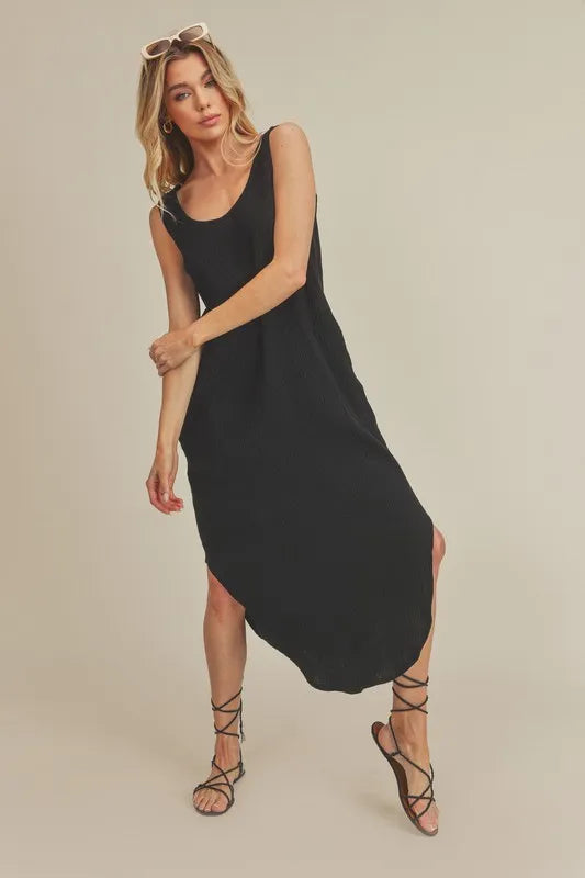 Round Neck Midi Tank Dress with Pockets - Black - product view 2