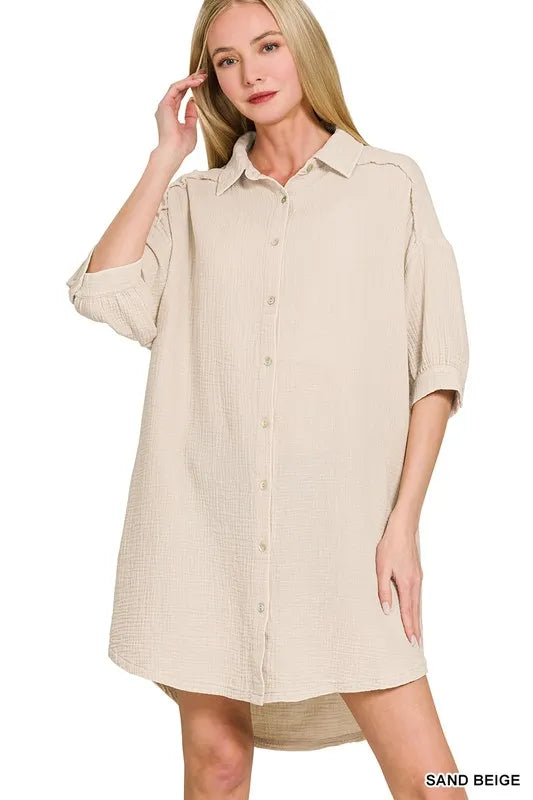 Washed Double Gauze Button Down Shirt Dress - Sand Beige - product view 2