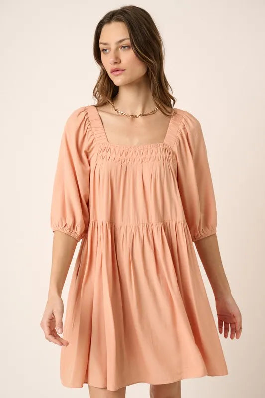 Pintuck Detail Tie Back Mini Dress in Apricot - product view 1