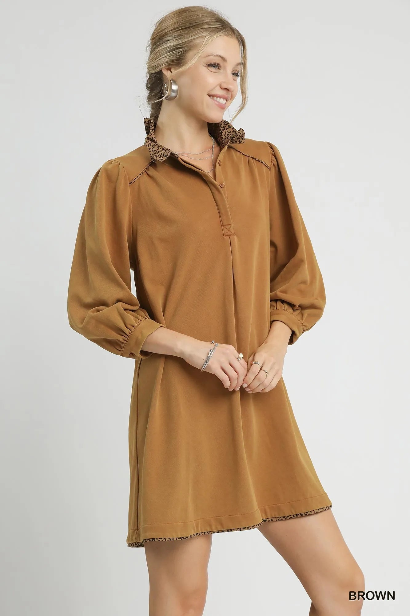 French Terry Balloon Sleeve Shift Dress with Leopard Print Detail - Brown - product view 3