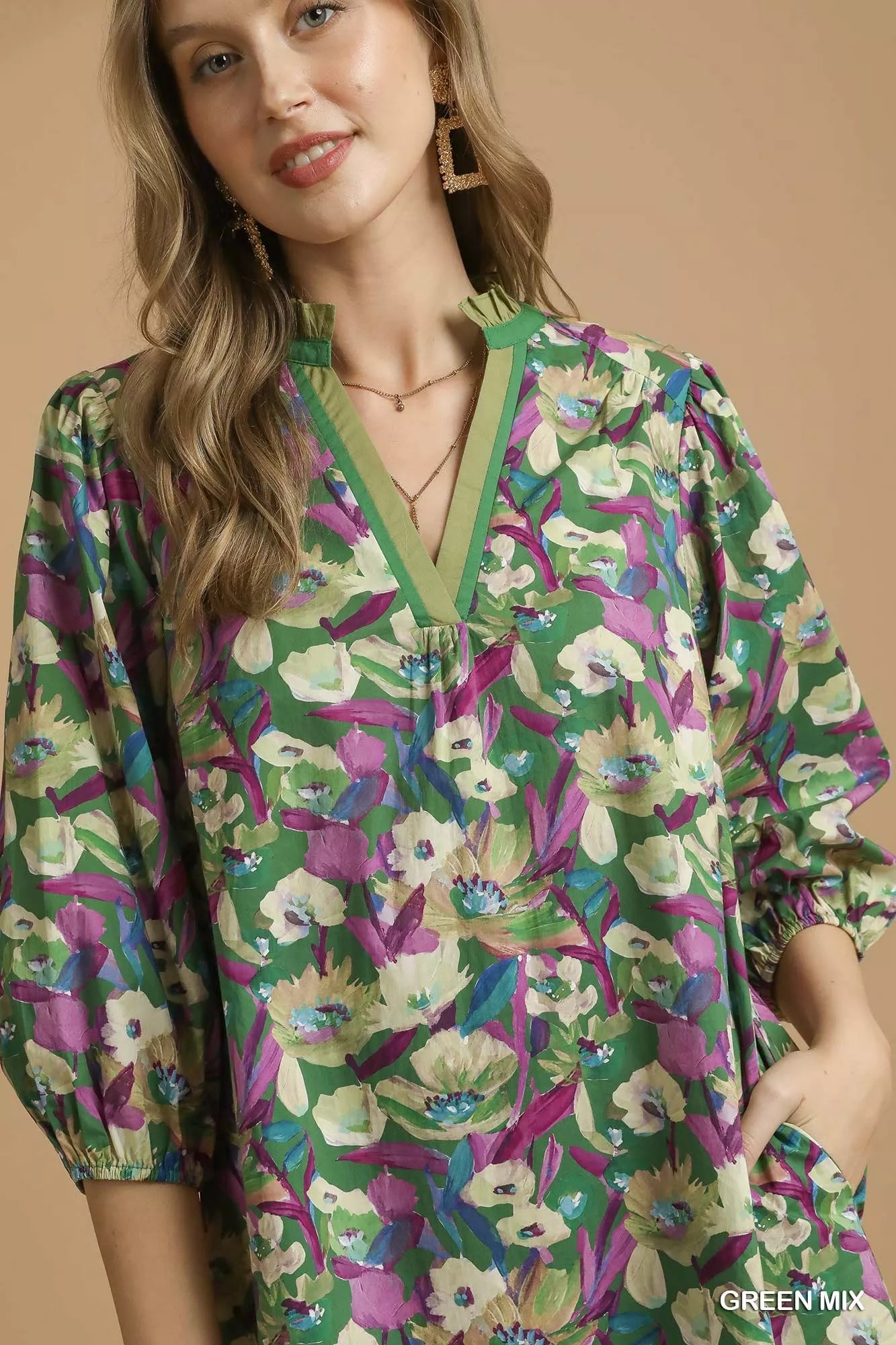 Boho Floral Balloon Sleeve Mini Dress in Green Mix - product view 5
