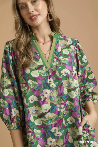 Boho Floral Balloon Sleeve Mini Dress in Green Mix - product view 5