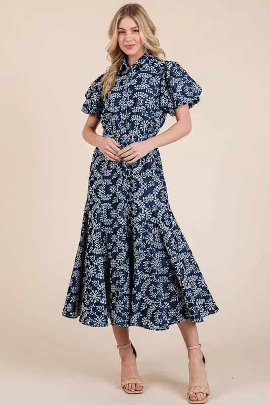 Natural Leaf Pattern Eyelet Lace Puff Sleeve Dress in Navy - product view 6