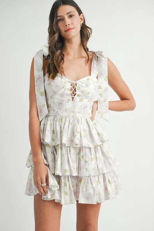 Floral Print Shoulder Tie Layered Mini Dress - Off White - product view 3