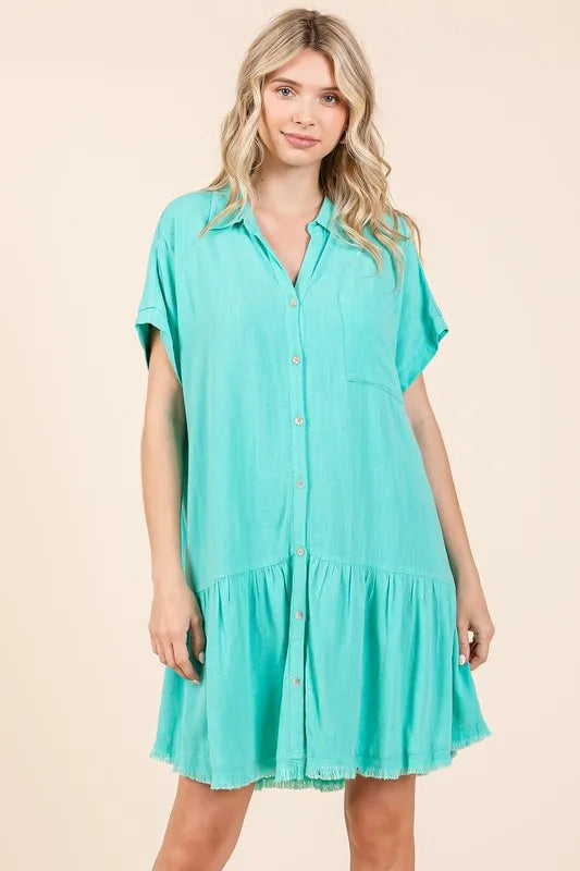 Linen Blend Button Down Shirt Mini Dress in Aqua - product view 2