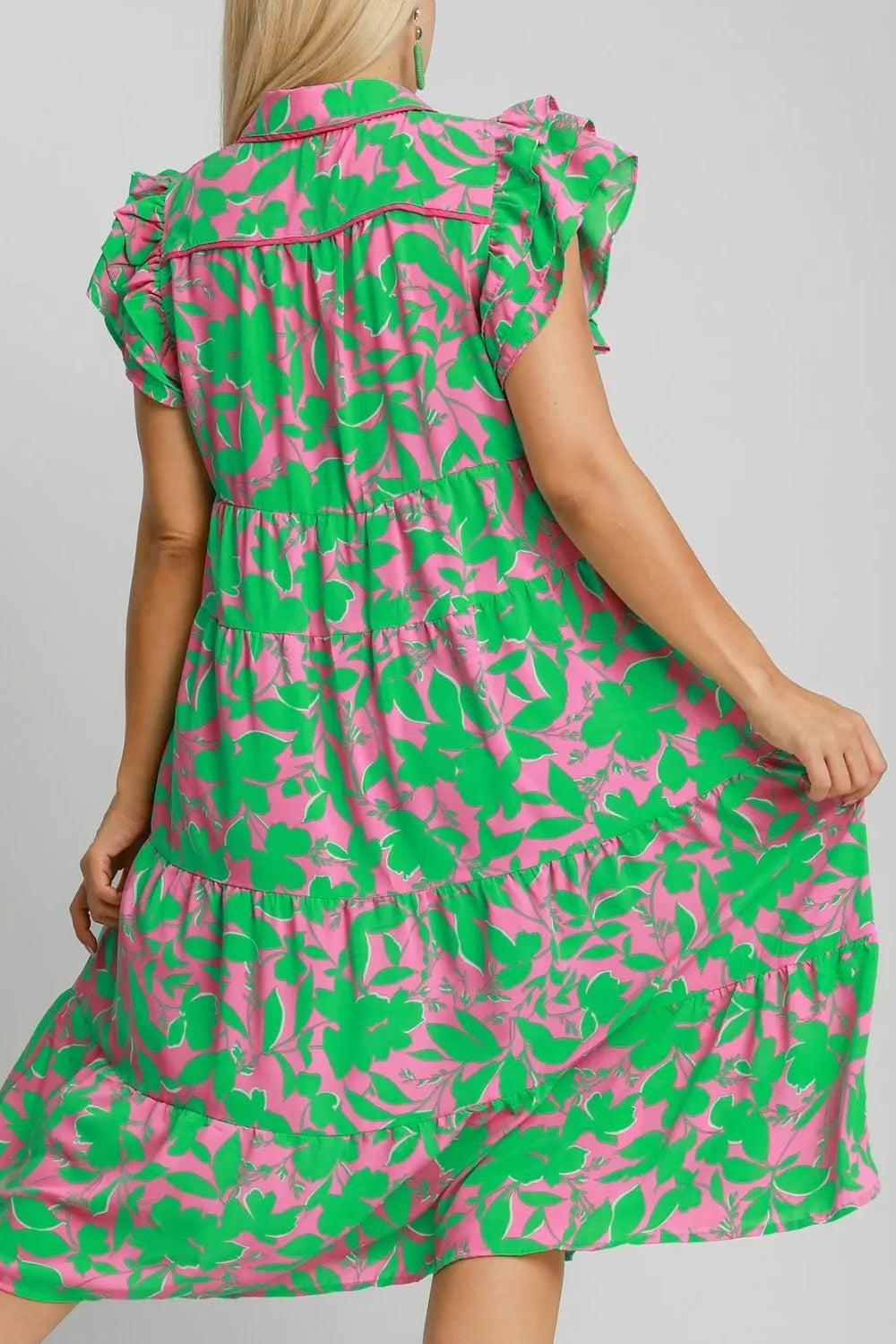 Full Size Floral Collared Ruffle Cap Sleeve Midi Dress Plus Size in Emerald Mix - product view 3