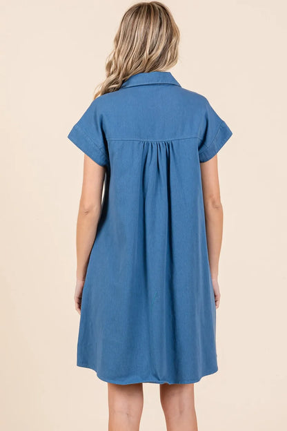 Twill Short Sleeve Collared Mini Dress - Denim - product view 5