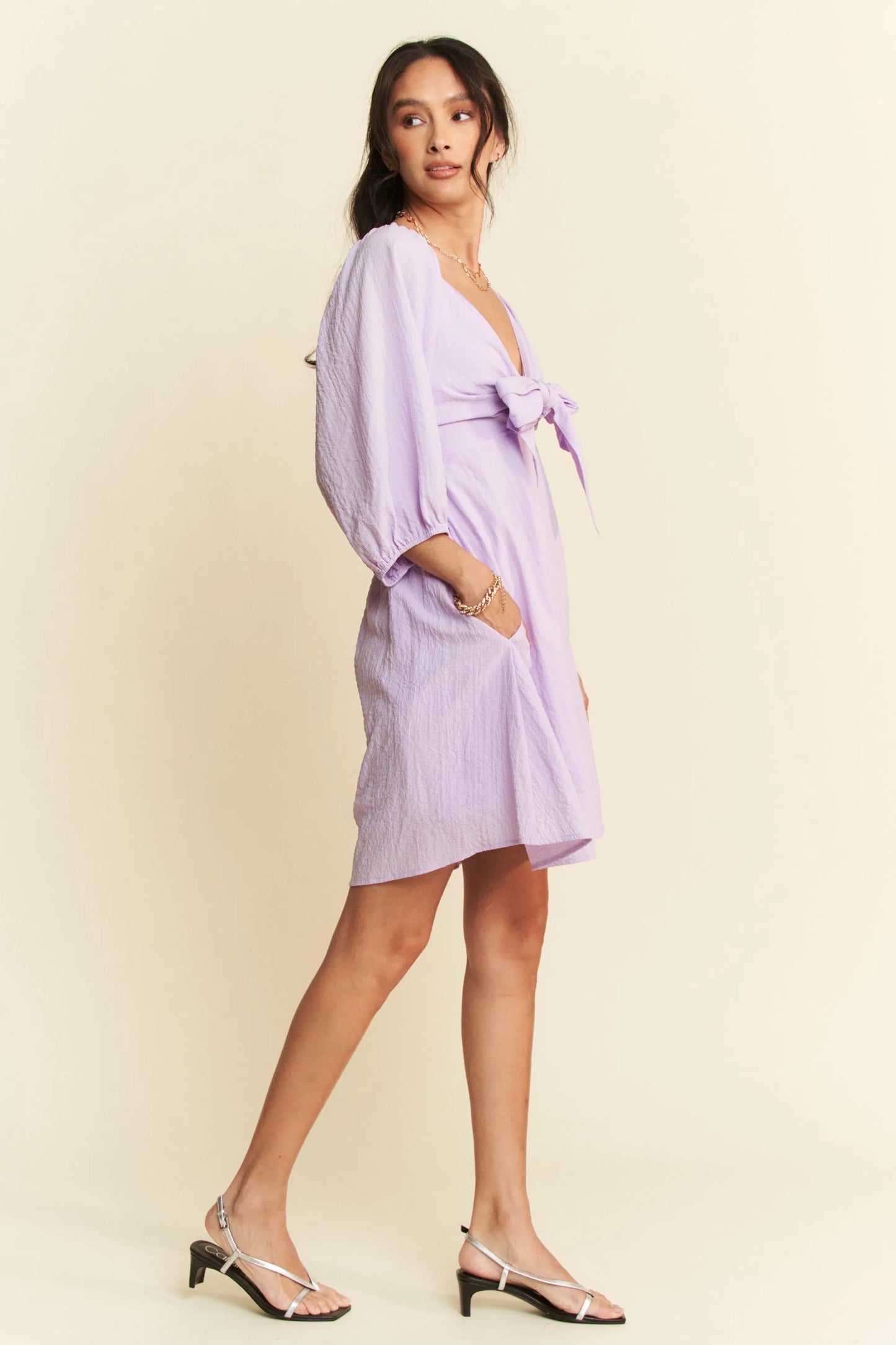Self-Tie Puff Sleeve Smocking Open Back Mini Dress in Lavender - product view 8