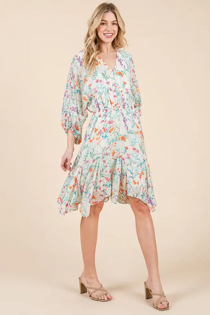 Floral Cinched Waist Balloon Sleeve V-Neck Dress in Ivory Floral - product view 11