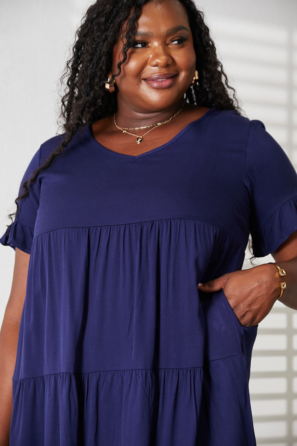 V-Neck Flounce Sleeve Tiered Dress in Dark Blue and Black - product view 7