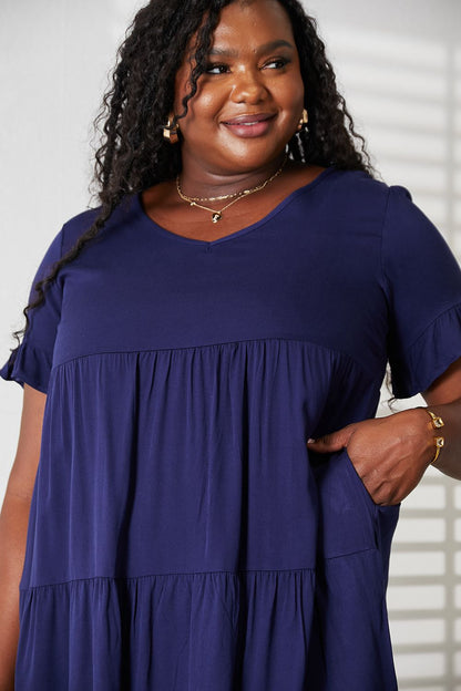 V-Neck Flounce Sleeve Tiered Dress in Dark Blue and Black - product view 7