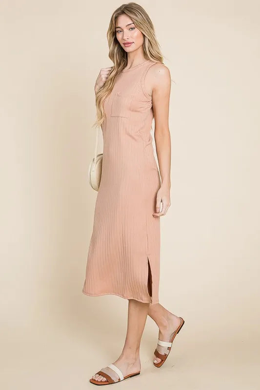 Ribbed Knit Sleeveless Midi Dress in Apricot - product view 4