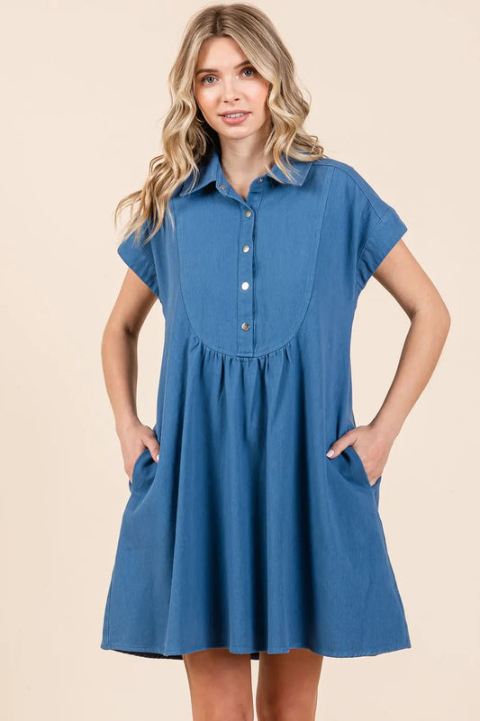 Twill Short Sleeve Collared Mini Dress - Denim - product view 2
