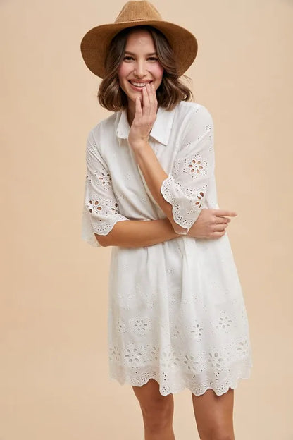Embroidered Scallop Edge Detail Mini Shirt Dress - Ivory - product view 1