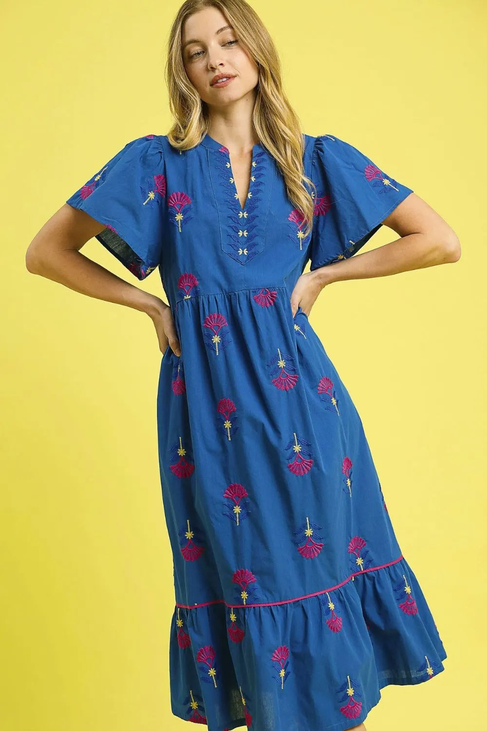 Embroidered Tiered Midi Dress in Dark Blue - product view 2