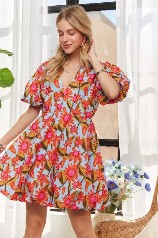 Puff Sleeve Floral Dress - Blue - product view 5