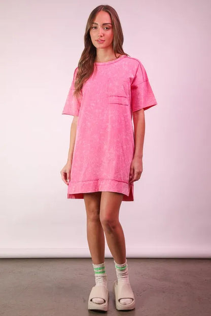 Plus Size Mineral Washed Knit Shift Mini Dress in Pink - product view 1