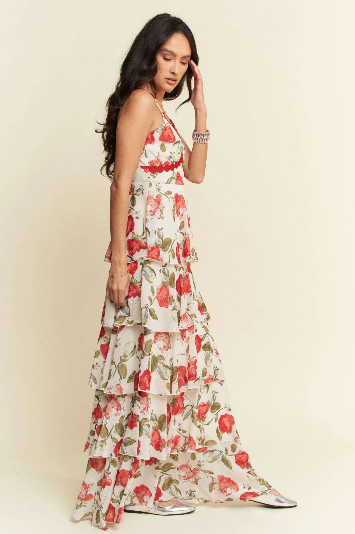 Contrast Ring Lace Layered Ruffle Maxi Cami Dress in Ivory Red - product view 4