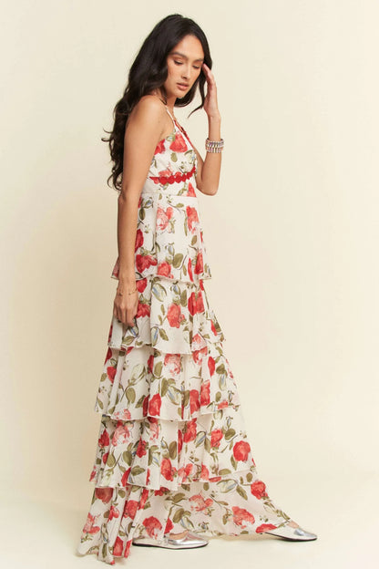 Contrast Ring Lace Layered Ruffle Maxi Cami Dress in Ivory Red - product view 4