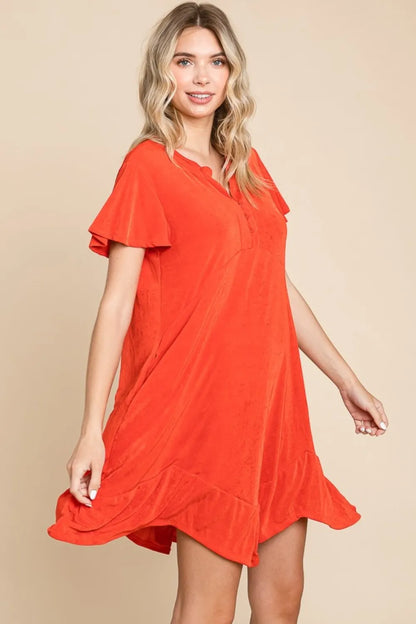 Full Size Short Sleeve Ruffled Asymmetric Hem Dress - Scarlet - product view 3