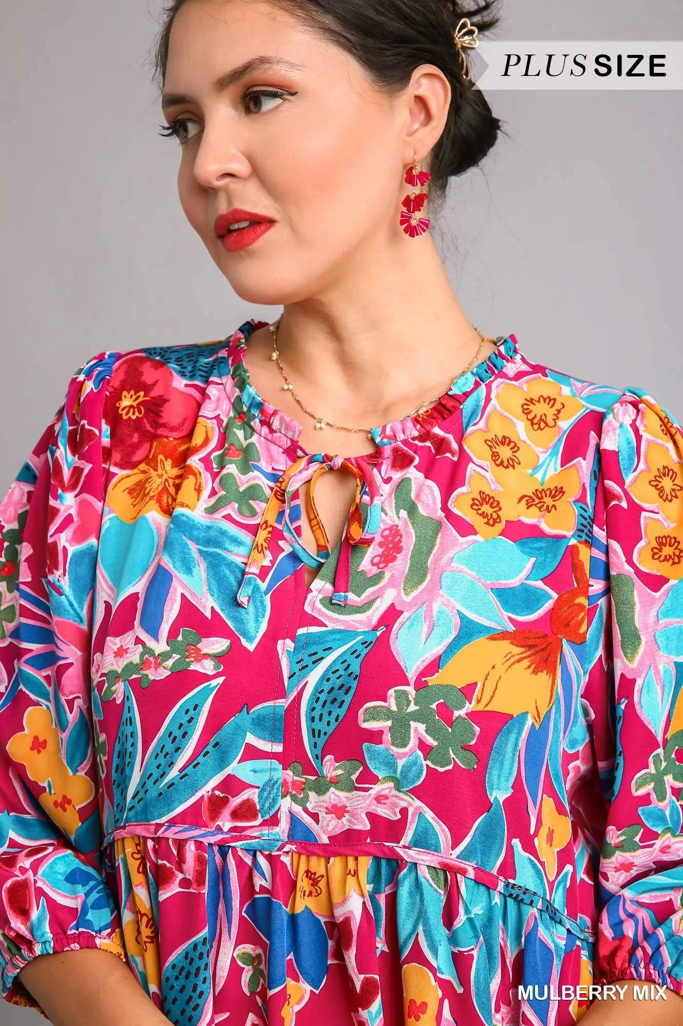 Full Size Floral Print Tie Neck Midi Dress with Pockets Plus Size in Mulberry Mix - product view 10