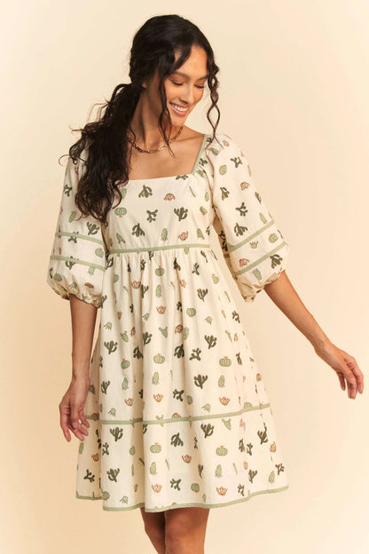 Cactus Printed Poplin Contrast Piping Mini Dress in Cream/Green - product view 2
