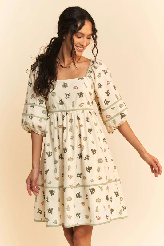 Cactus Printed Poplin Contrast Piping Mini Dress in Cream/Green - product view 2