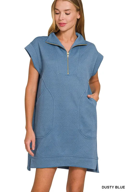 Textured Knit Jacquard Quarter Zipper Mini Dress - Dusty Blue - product view 1