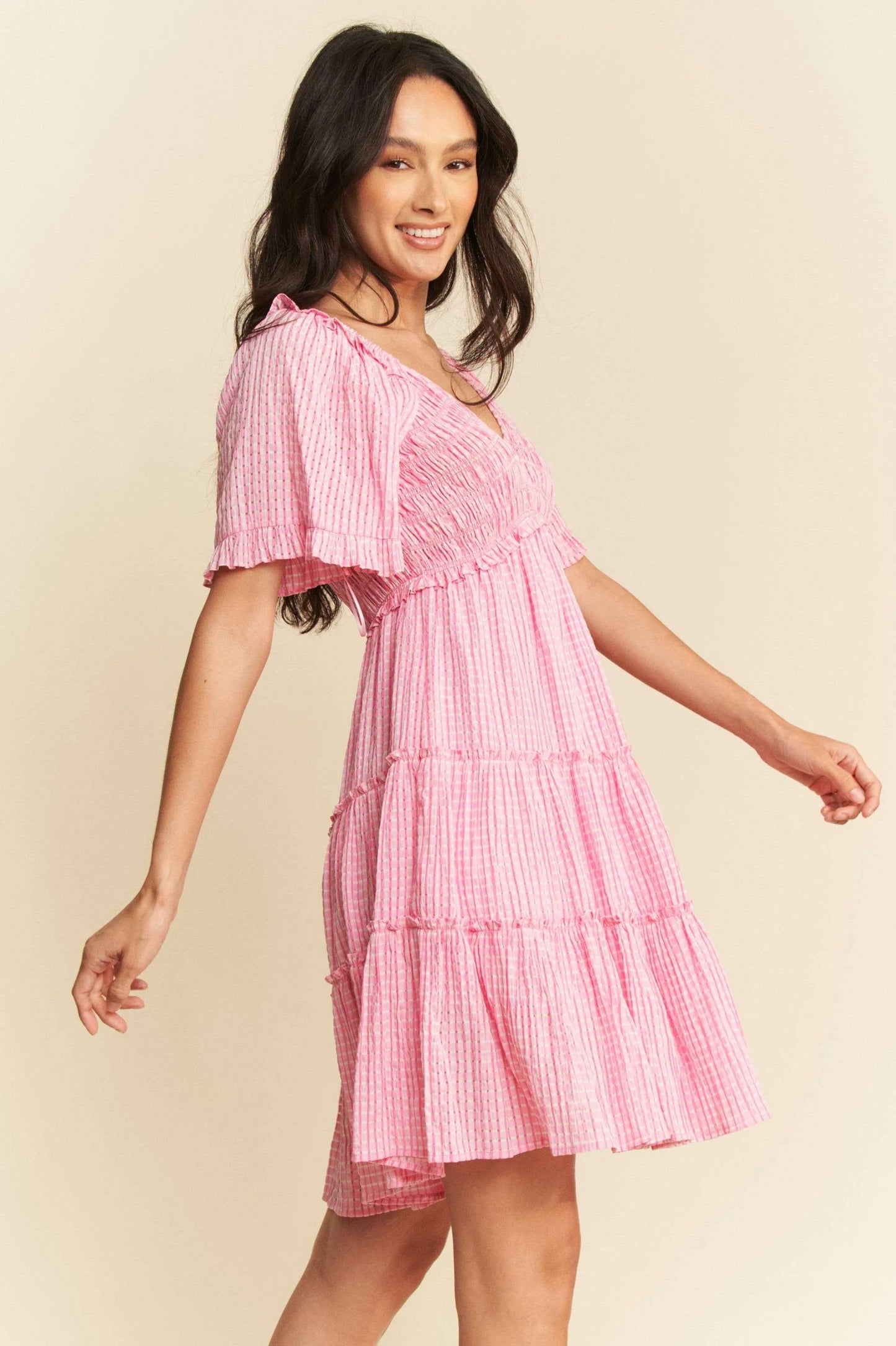 Jacquard Checker Smocking Tiered Dress - Barbie Pink - product view 3
