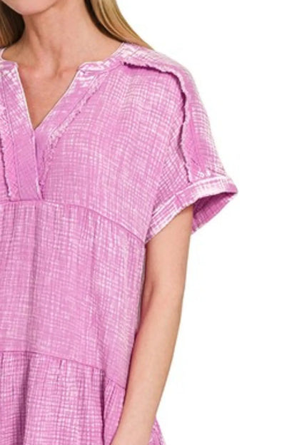 Washed Double Gauze Raw Edge V-neck Dress - Bright Mauve - product view 3