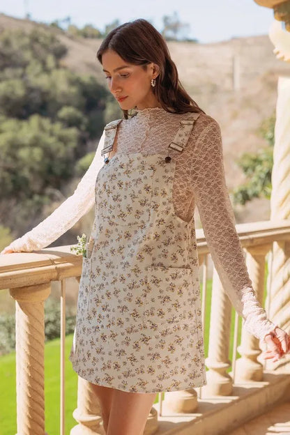 Stretch Ditsy Print Denim Overall Mini Dress in Ivory - product view 2