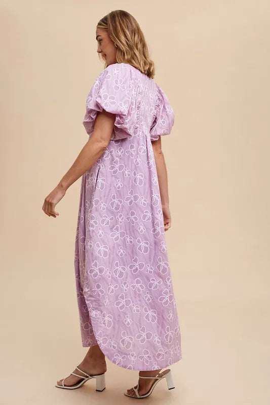 Floral Smock Detail Puff Sleeve Dress in Pink Purple - product view 3