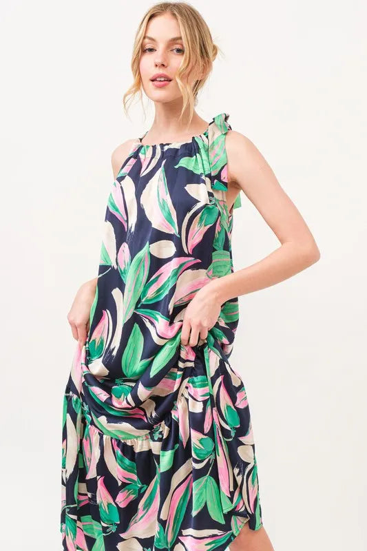 Botanical Printed Halterneck Tiered Maxi Dress in Navy - product view 7