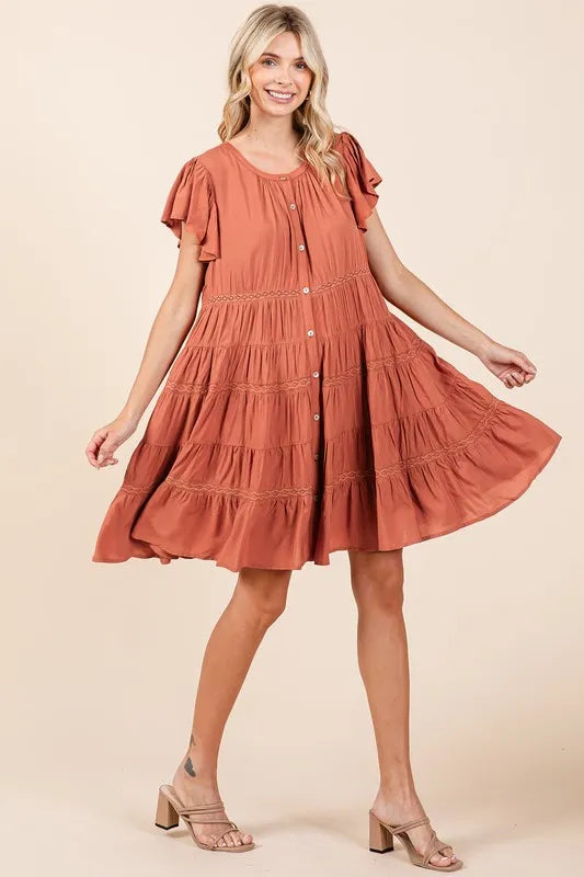 Lace Detail Ruffled Button Down Tiered Dress - Pumpkin - product view 7