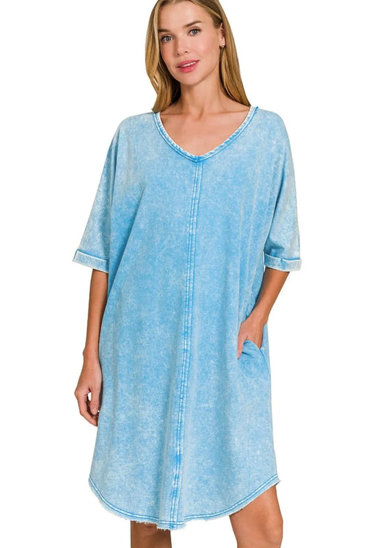Acid-washed French Terry Tee Shirts Dress - Deep Sky - product view 1