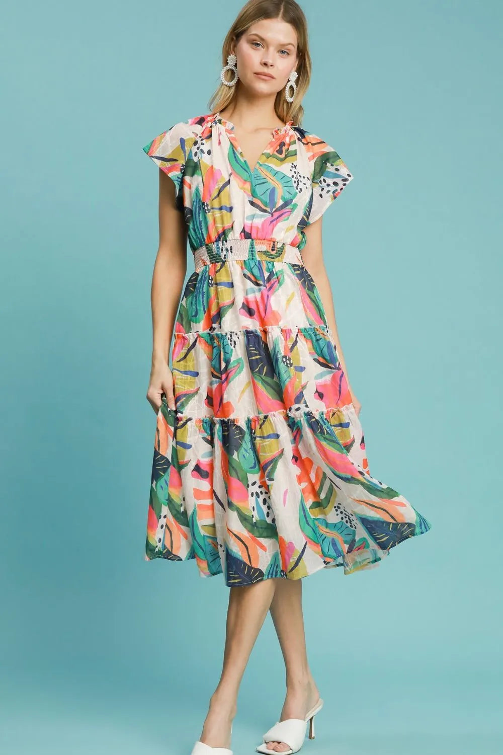Full Size Leaf Print Cap Sleeve Tiered Midi Dress Plus Size in Orange Mix - product view 3