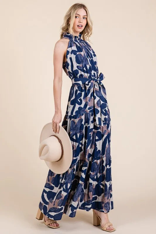 Abstract Halter Neck Tie-Waist Tiered Maxi Dress in Navy Combo - product view 6