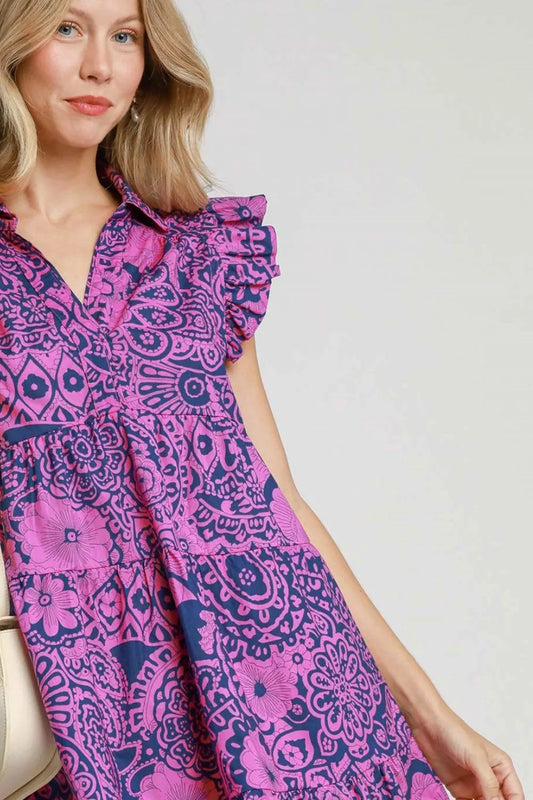 Full Size Printed Ruffle Cap Sleeve Babydoll Dress Plus Size - Navy/Pink - product view 2