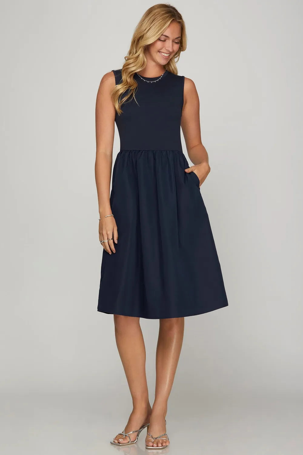 Full Size Sleeveless Poplin Woven Midi Dress with Pockets Plus Size - Dark Navy - product view 1