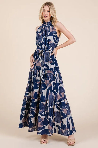 Abstract Halter Neck Tie-Waist Tiered Maxi Dress in Navy Combo - product view 5