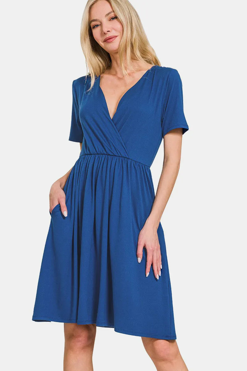 Surplice Short Sleeve Brushed DTY Dress - Navy - product view 1
