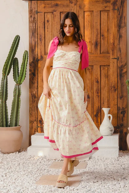Ribbon Flowy Maxi Dress with Contrast Trim in Cream/Pink - product view 11