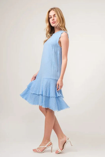 Washed Fringe Detail Tiered Dress in Baby Blue - product view 6