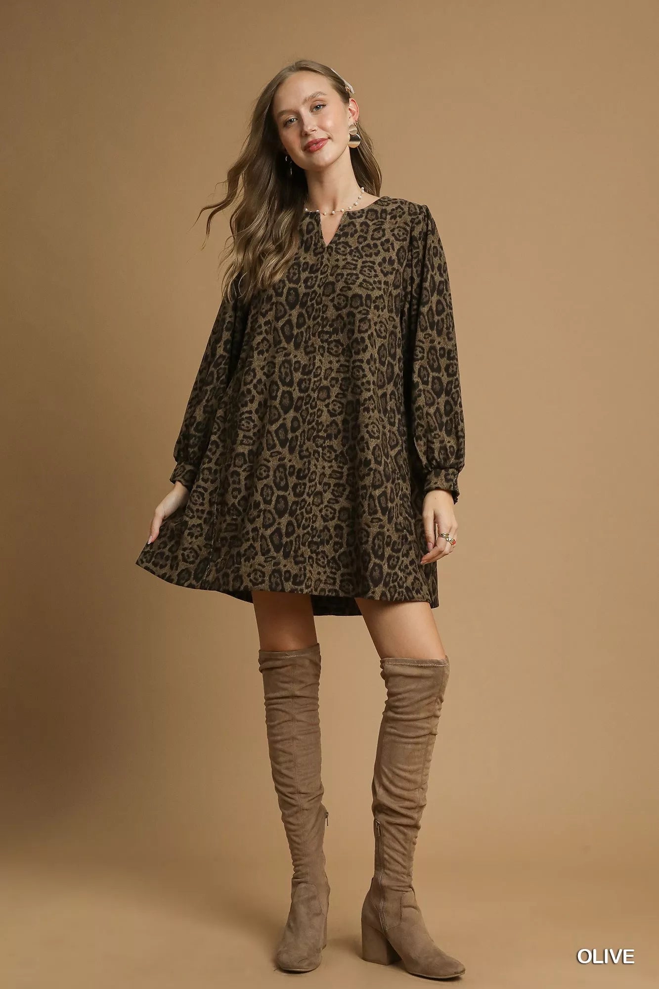 Leopard Print Long Sleeve Swing Dress in Olive - product view 5